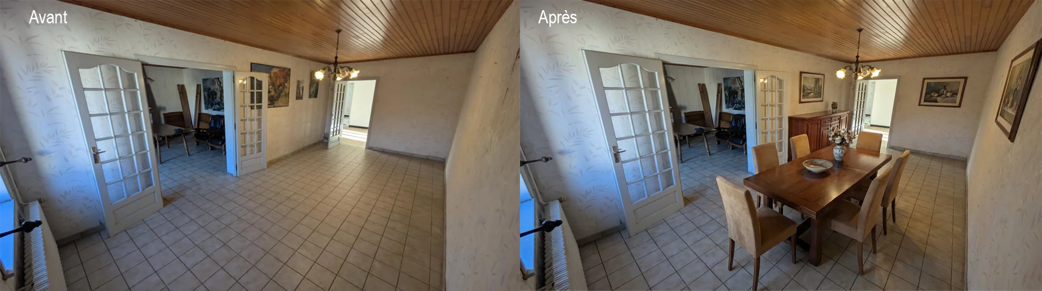Salle à manger avant et après home staging virtuel