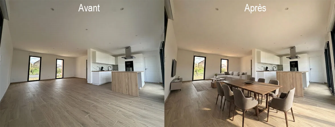 Cuisine et séjour aménagés en 3D dans une pièce vide