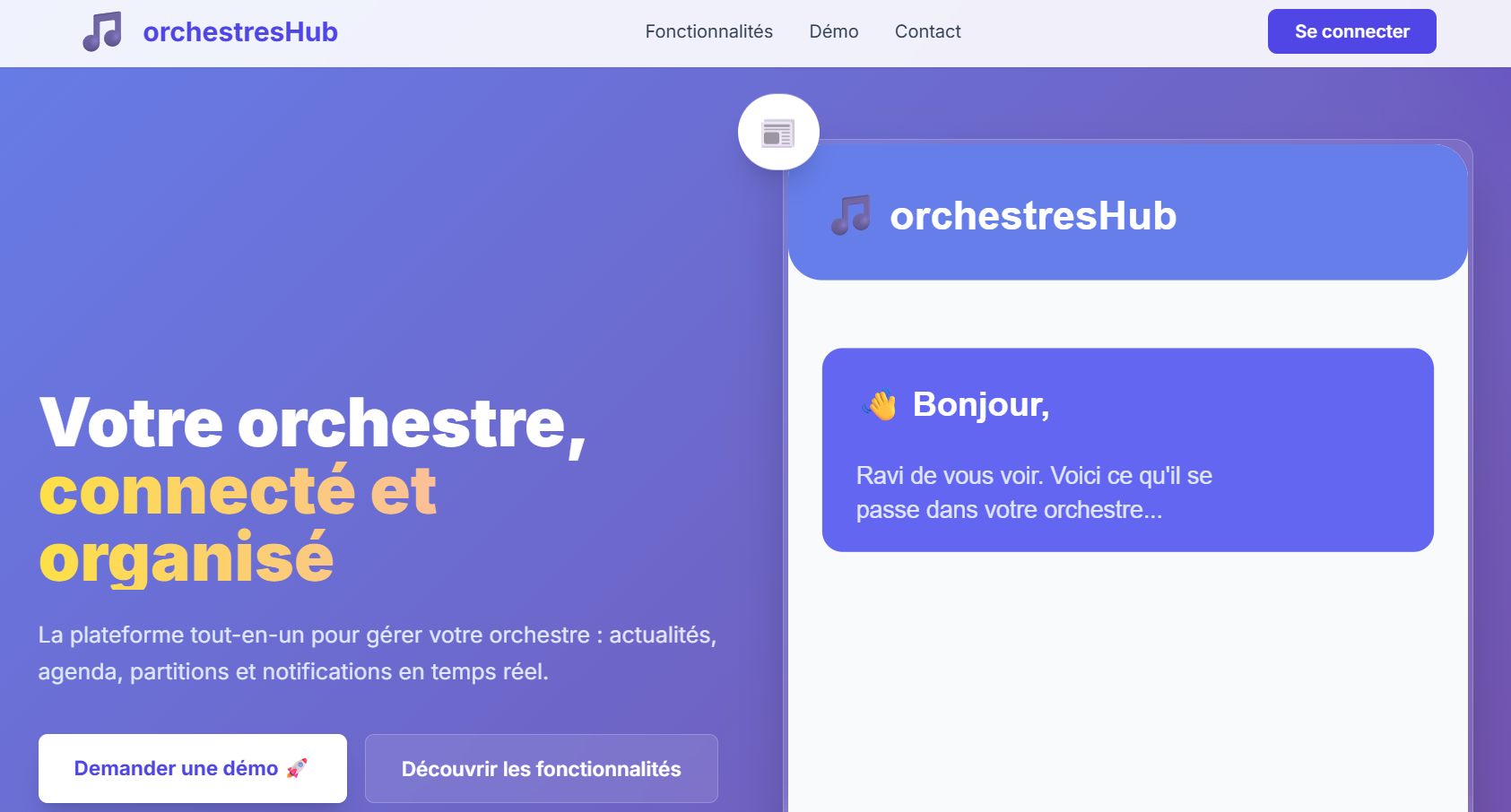application orchestreshub pour la gestion d'orchestres, partage de patition, gestion actualités et agenda